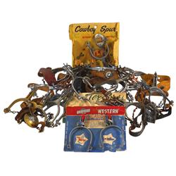 Child's Western spurs, large lot includes Texas Ranger, Roy Rogers, spurs in box by Kusan, Tex-Spurs