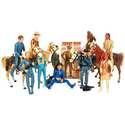 Johnny West action figures & accessories (14), mfgd by Marx, includes fully jointed cowboys, Indians