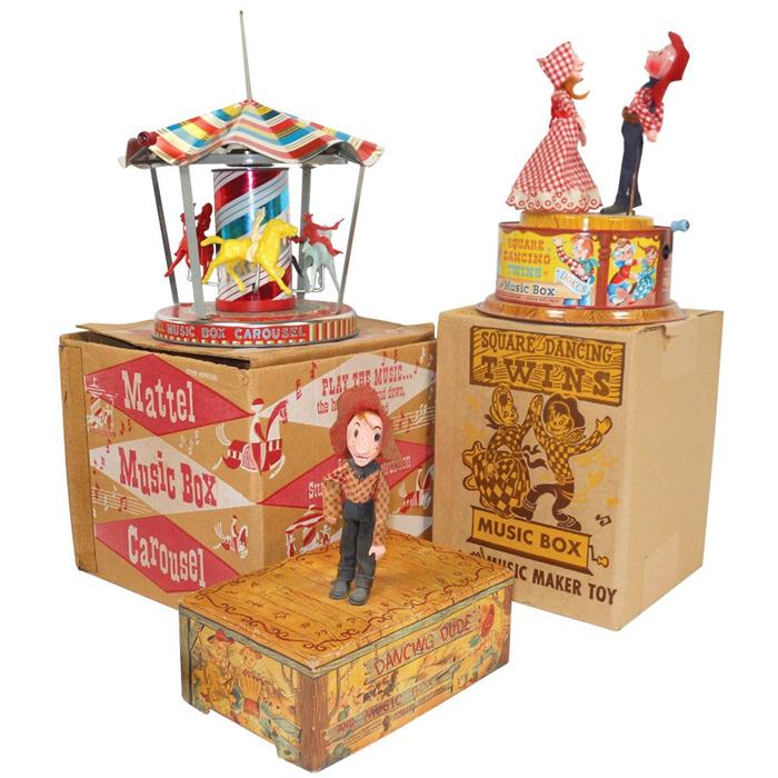 Western toys (3), Mattel Musical Dancing Dude, litho on pasteboard, VG