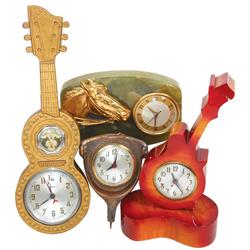 Western clocks (4), includes wooden guitar, United Clock plus thermometer, spur clock & horse clock 