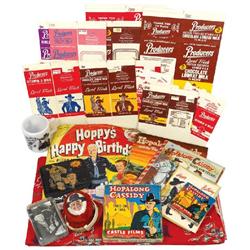 Hopalong Cassidy items (9), includes books, fabric, paperweight, record, earmuffs, etc, all c.1940's