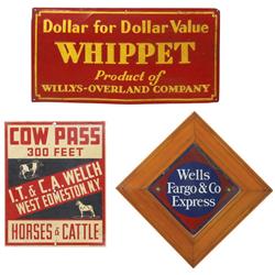 Advertising signs (3), Whippet automobile embossed metal sign, West Edmeston, NY Cow Pass metal sign