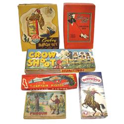 Western toys (6), Carnell Round-Up cowboy outfit w/Hubley cap gun, Fun Gun-c.1929,  Target Gun toy b