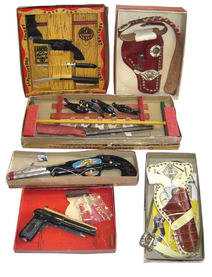 Western toys (6), Carnell RoundUp cowboy outfit w/Hubley cap gun, Fun