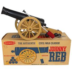 Toy cannon, Remco Johnny Reb Civil War Cannon in box, c.1961, VG cond, 32"L.