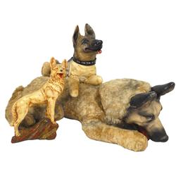 Rin-Tin-Tin items (3), 2 plush dogs by Ideal, 24"L & chalk statue, 11"H, c.1950's, Good to VG cond.