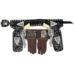 Roy Rogers cap gun & holster set & fringed leather gloves, black leather holster w/metal studs & RR 