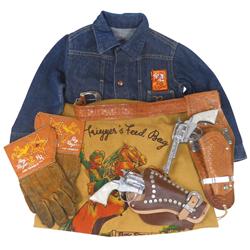 Roy Rogers cap guns & holsters, etc., single brown leather holster w/RR rivets & Roy Rogers cap gun,