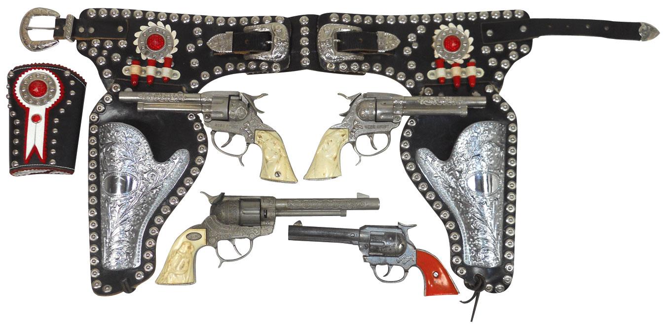 Gene Autry cap gun & holster set w/cuffs, black leather double holster