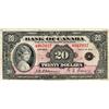 Image 1 : BANK OF CANADA.  $20.00.  1935 Issue.  BC-9b.  English Text. Small Seal.  No. A087037/C.  Ink mark o