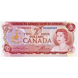 BANK OF CANADA.  $2.00.  1974 Issue.  BC-47a.  Lawson-Bouey.  No. RK0000002.  CU.