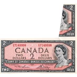 BANK OF CANADA.  $2.00.  1954 Issue.  BC-38d.  Lawson-Bouey.  No. P/G7149998.  A major folding error