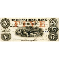 THE INTERNATIONAL BANK OF CANADA. $5.00. Sept. 15, 1858. CH-380-10-10-16a. Large Blue Serial No. 169