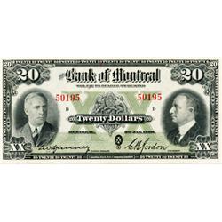 THE BANK OF MONTREAL. $20.00. Jan. 3, 1938. CH-505-60-06. No. 50195/D. Crisp Unc.
