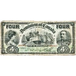 DOMINION OF CANADA.  $4.00. Jan. 2, 1902. DC-17b. ‘FOUR’s’ at top. No. 409562/A. A raggedy GOOD exam