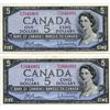 Image 1 : BANK OF CANADA.  $5.00. 1954 Issue. BC-39b. Modified. Beattie-Rasminsky. No. E/X2041001 and No. E/X2