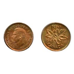 1947, Maple Leaf. Blunt 7.  ICCS Mint State-65. Red.  70% red luster.