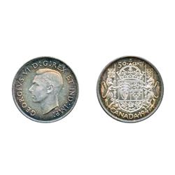 1947. Curved Right.  ICCS Mint State-63.  Medium heavy purple and dark amber toning at the edges, wi