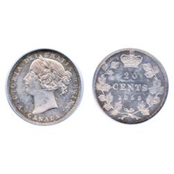 20 CENTS.  1858.  PCGS graded SPECIMEN-63.  Reeded edge.  Deep mirror fields.  Light to medium heavy