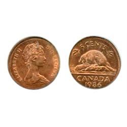 FIVE CENTS.  1986. Five Cents struck on a Cent planchet. PCGS graded Mint State-62. Red-Brown. 70% r