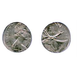 TWENTY-FIVE CENTS.  1974. Twenty-Five Cents struck on a Ten Cents planchet.  PCGS graded Mint State-