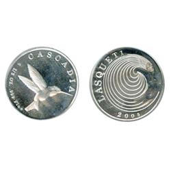 Lasqueti Mint. Obv: LASQUETI/2005. Naked woman with swirling hair. Rev: CASCADIA. ½ oz. .999 Fine. H