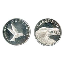 Lasquetti Mint. Obv: LASQUETI/2008. Crow eating date. Rev: CASCADIA. ½ oz. .999 Fine. Hummingbird. S