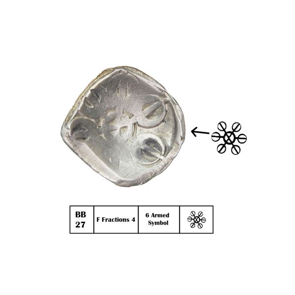 Gandhara Janapada (c. 500 BC), Silver 1/8 Shatamana, Six-Armed Symbol Type