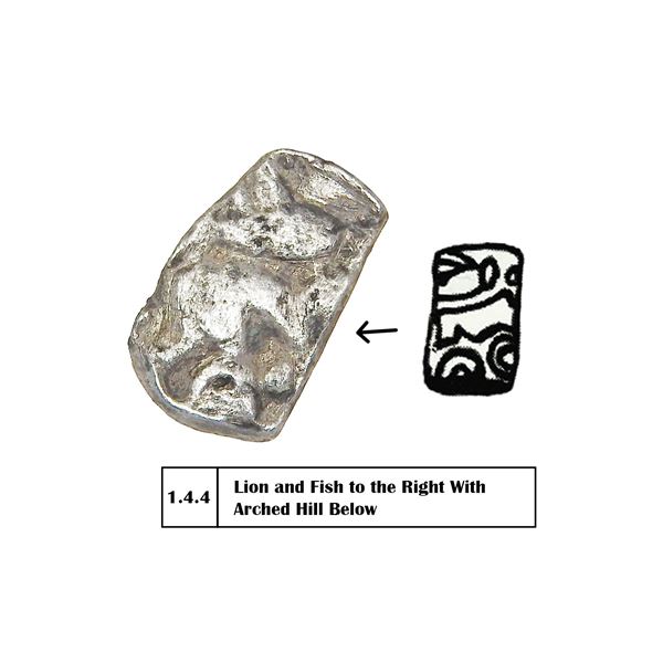 Surasena Janapada (c. 400–350 BC), Mathura Region, Silver 1/2 Karshapana, Lion and Fish Typ
