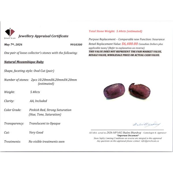 5.40 ct NATURAL OVAL-CUT MOZAMBIQUE RUBY PAIR ( $6,480 APPRAISAL )