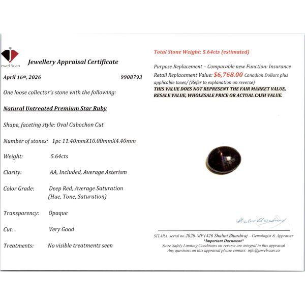 5.64 ct NATURAL UNTREATED PREMIUM STAR RUBY ( $6,780 APPRAISAL )