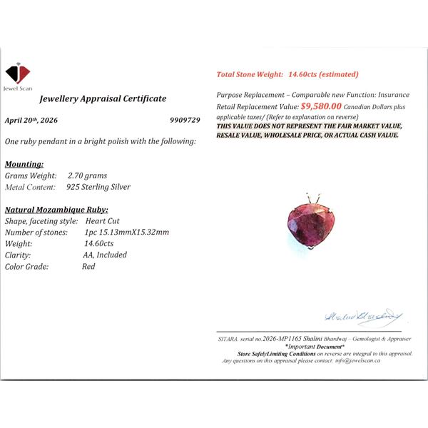 14.60 ct HEART-CUT RUBY PENDANT WITH BRIGHT POLISH ( $9,580 APPRAISAL )