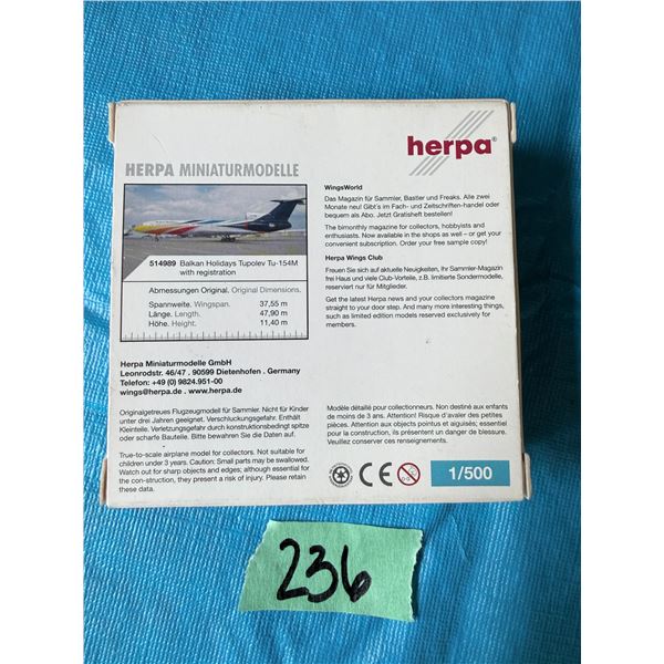 HERPA 514989 BALKAN HOLIDAYS TUPOLEV TU-154M 1:500 DIECAST MODEL AIRPLANE