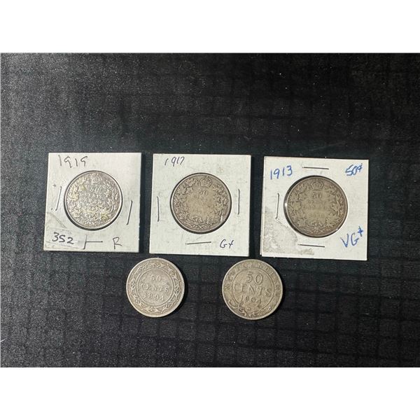 (5) 92.5% Sterling Silver Canadian and Newfoundland 50 Cent Coins, 1894–1917