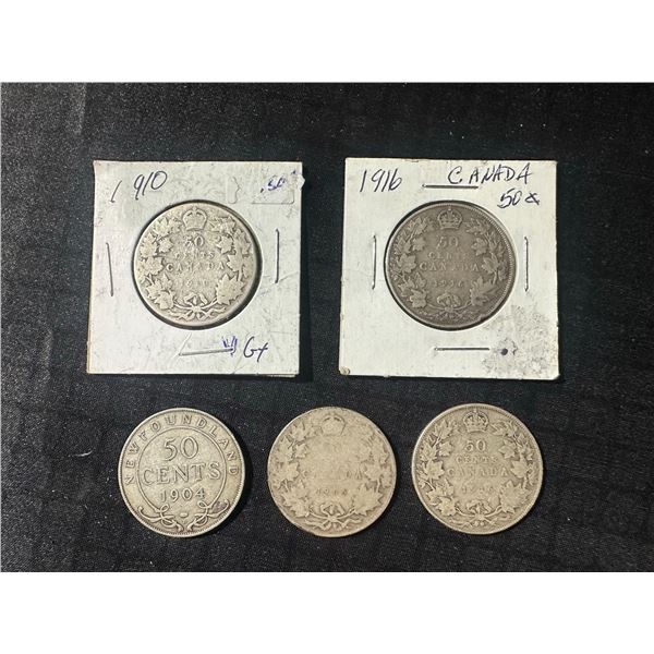 (5) 92.5% Sterling Silver 50 Cent Coins: Canada & Newfoundland 1904-1916