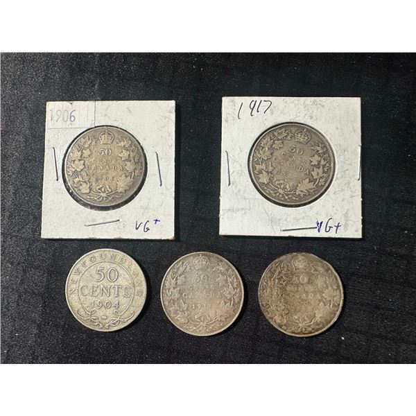 Five 92.5% Sterling Silver Canadian and Newfoundland 50 Cent Coins (1904, 1906, 1917)