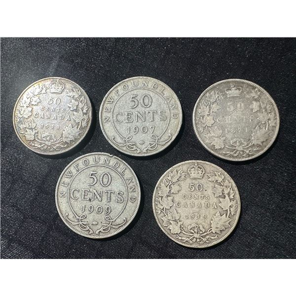 5 Sterling Silver Canadian and Newfoundland 50 Cent Coins, Including Rare 1871 No 'H'