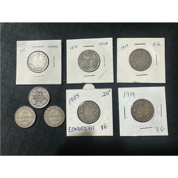 Canadian and Newfoundland 92.5% Sterling Silver Coins, 1885–1919, 8 Pieces