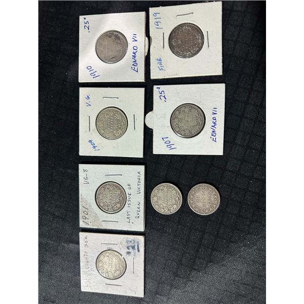 Eight Canada Sterling Silver Coins, 1896–1919, 20¢ and 25¢