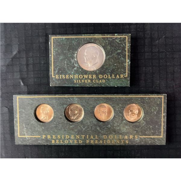 1971 Eisenhower 90% Silver Dollar & Four U.S. Presidential Dollar Coins Set
