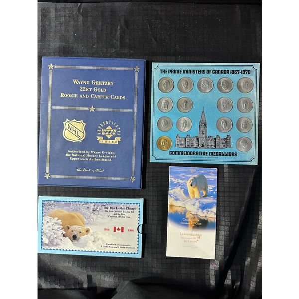 Canadian Collectible Lot: Wayne Gretzky 22kt Gold Cards, $2 Coin Sets, and Prime Minister Medallions
