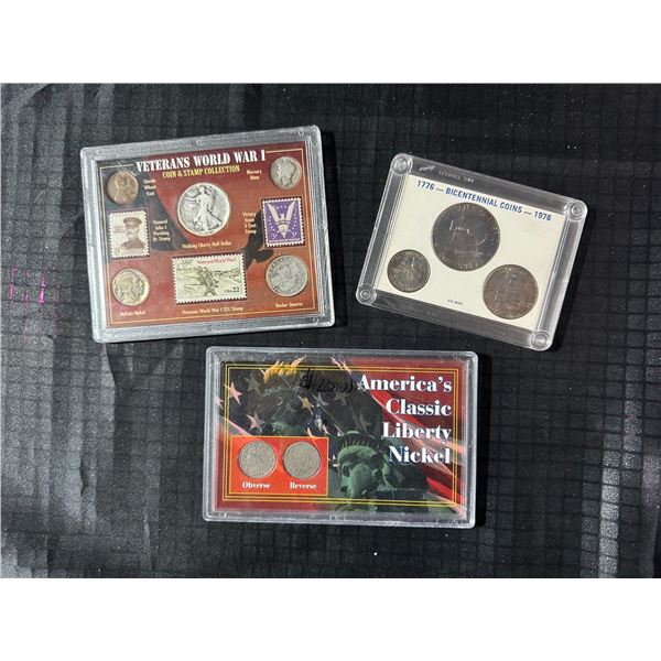 US Collectible Coins and Stamps in Display Cases