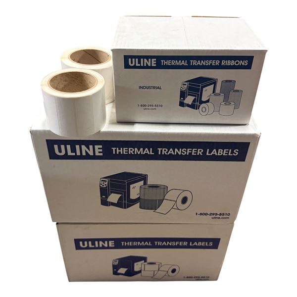 L1 - 2 Boxes Uline S5951 Thermal Transfer Labels and 1 Box Uline S7430 Wax Thermal Transfer Ribbon