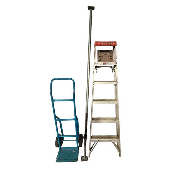 l1 - Group of Warehouse Equipment - Step Ladder, Dolly, and Metal Cargo Bar