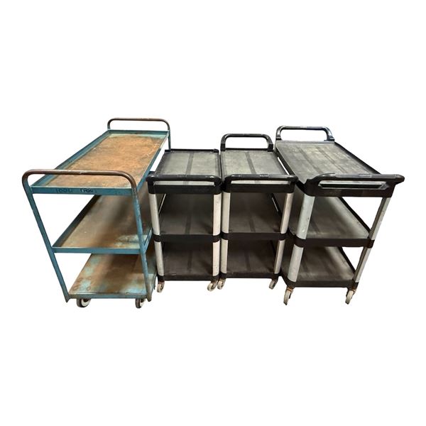l1 - Group of 4 Rolling Utility Service Carts Includes 3 Black Plastic and 1 Blue Steel