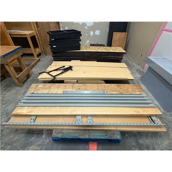 l1 - Group of Assorted Shelving Components Includes Slatted Wooden Boards (some 92" x 12", 95" x 24"