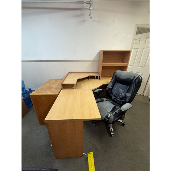 L1 - L-Shaped Wooden Desk with Hutch (63"x63"), Wooden File Cabinet (W33"), and Office Chair