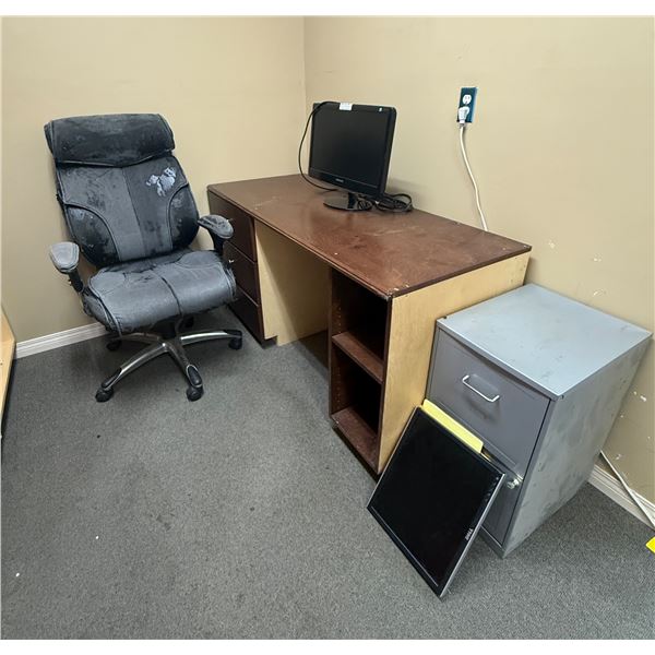 L1 - Samsung 21.5" LCD Monitor, Metal Drawer Filing Cabinet (W14"), Wooden Desk (W60"), and Office C