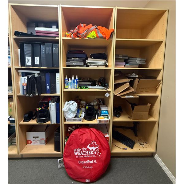 L1 - 3 Wooden Cubby Shelving Units (H84" x W18" Each) with Office Stationery and Supplies