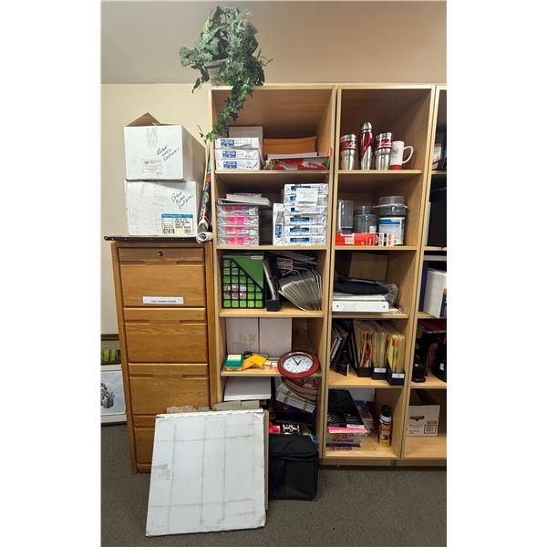 L1 - Filing Cabinet (W20"), 2 Wooden Cubby Shelving Units (H84" x W18" Each) with Office Stationery